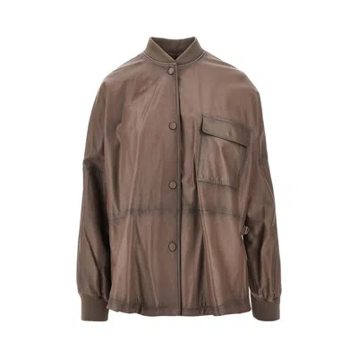 Emporio Armani Ppa Leather Oversized Blouson Jacket In Brown