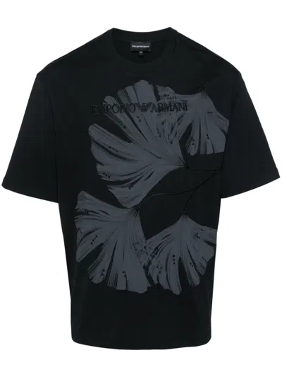 Emporio Armani Printed Cotton T-shirt In Black