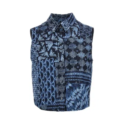 Emporio Armani Printed Denim Sleeveless Shirt In Blue