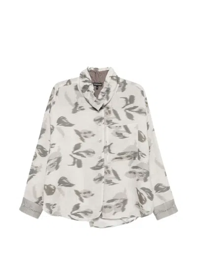 Emporio Armani Linen Chine Flower Print Shirt In Neutral
