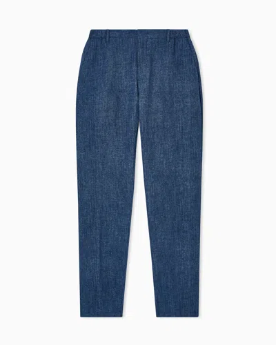 Emporio Armani Printed Seersucker Fabric Trousers In Blue