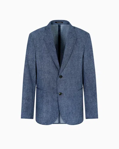 Emporio Armani Printed Seersucker Single-breasted Blazer In Blue