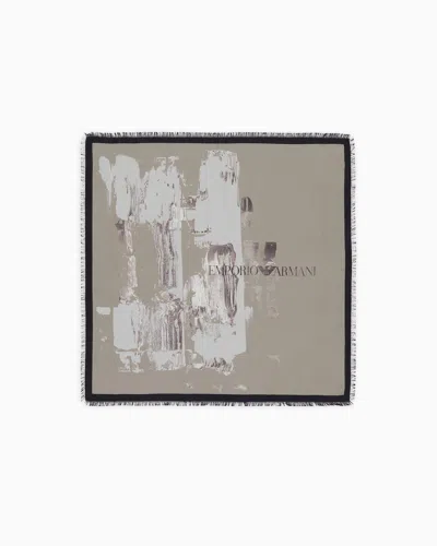 Emporio Armani Official Store Printed Silk Foulard With Fringed Edges In Beige