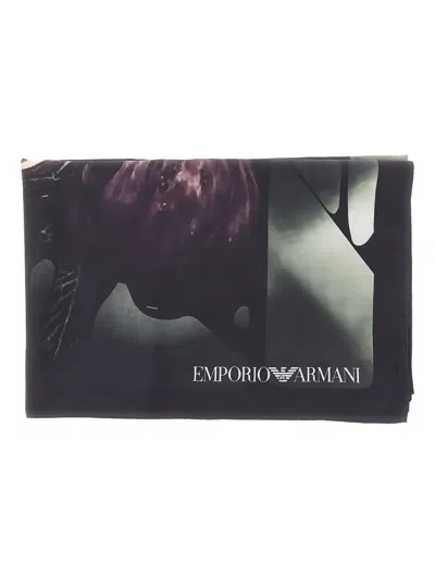 Emporio Armani Printed Silk Scarf In Black