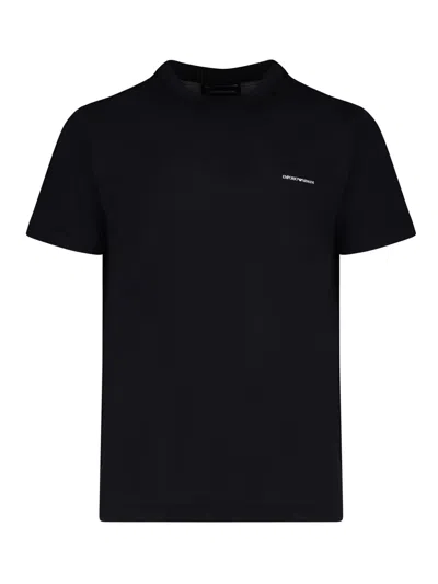 EMPORIO ARMANI BLUE T-SHIRT WITH LOGO LETTERING ON THE FRONT IN COTTON AND LYOCELL BLEND MAN
