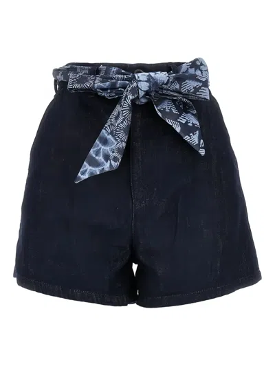 Emporio Armani Printed-tie Denim Shorts In Blue