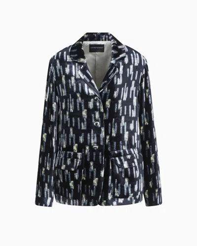 Emporio Armani Printed Velvet Single-breasted Blazer In Blue