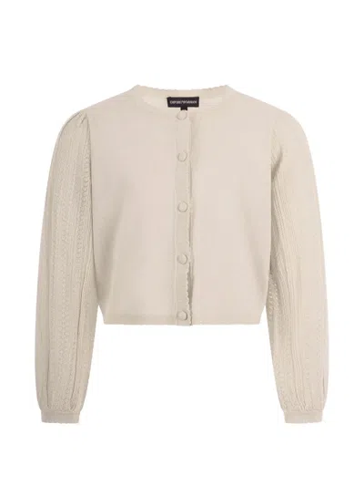 Emporio Armani Kids' Puff-sleeve Scalloped Cardigan In Neutral