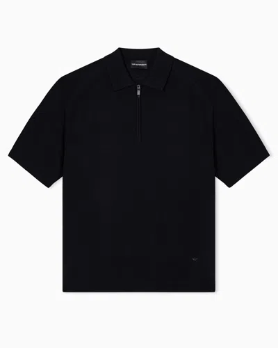 Emporio Armani Pull À Col Polo En Mélange De Laine Et Lyocell Ras Asv In Black