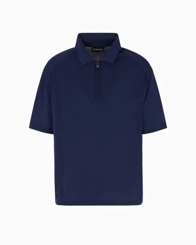 Emporio Armani Asv Plain-knit Jumper With Polo-shirt Collar, In A Wool And Lyocell Blend In Blue