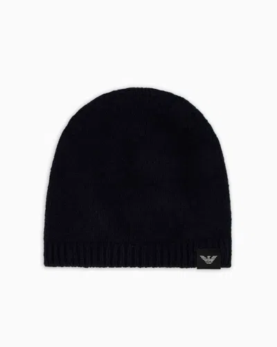 Emporio Armani Pure Cashmere, Ribbed Beanie In Navy Blue