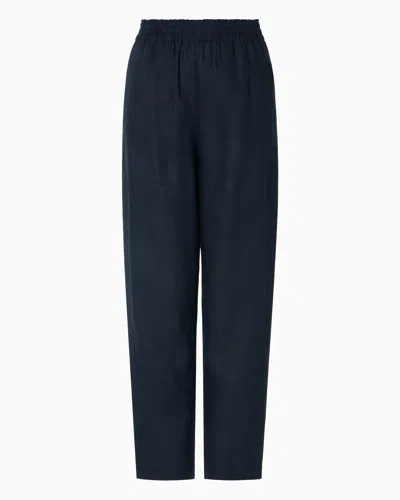 Emporio Armani Pure Linen Trousers With An Elasticated Waist In Navy Blue