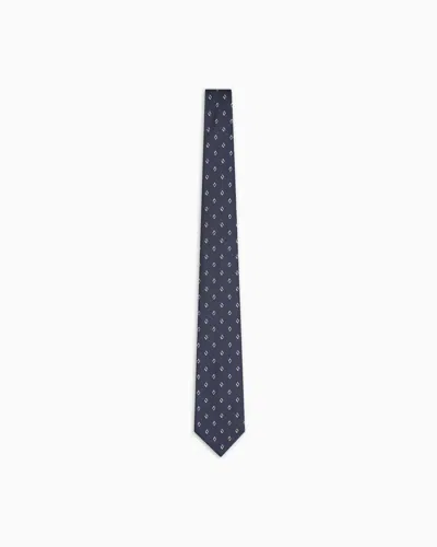 Emporio Armani Pure Silk Tie With Diamond Jacquard Micro-pattern In Blue
