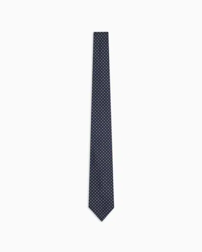 Emporio Armani Pure Silk Tie With Jacquard Micro-check In Navy Blue