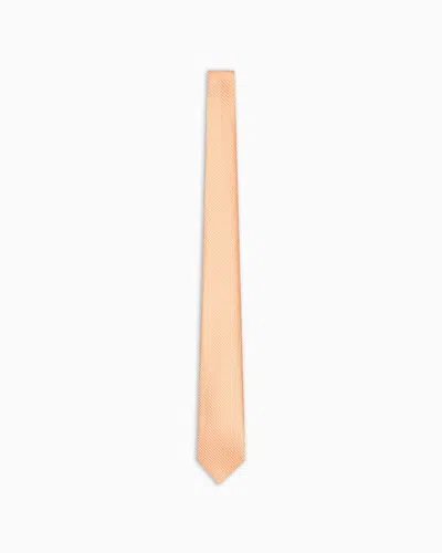 Emporio Armani Pure Silk Tie With Jacquard Micro-check Pattern In Orange