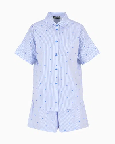 Emporio Armani Pyjama Shirt And Shorts With Striped Motif And All-over Eagle Logo In Blue