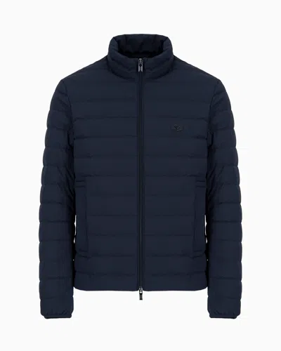 Emporio Armani Quilted Nylon Full-zip Down Jacket With Eagle Logo Patch In Navy Blue