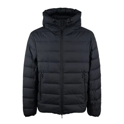 Emporio Armani Quilted Nylon Logo Lettering Jacquard Hooded Down Jacket In Blue