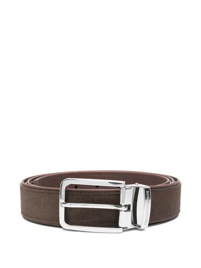 Emporio Armani Rectangle-buckle Suede-leather Belt In Brown