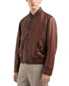Emporio Armani Regular Fit Button Front Leather Bomber Jacket In Brown