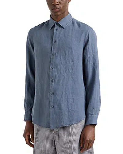 Emporio Armani Regular Fit Button Front Linen Shirt In Blue