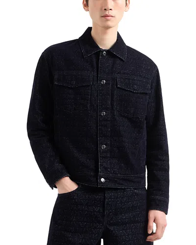 Emporio Armani Denim Jacket With All-over Flocked Logo Lettering In Navy_blue