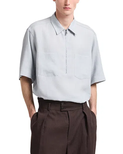 Emporio Armani Regular Fit Short Sleeve Zip Linen Shirt In Gray