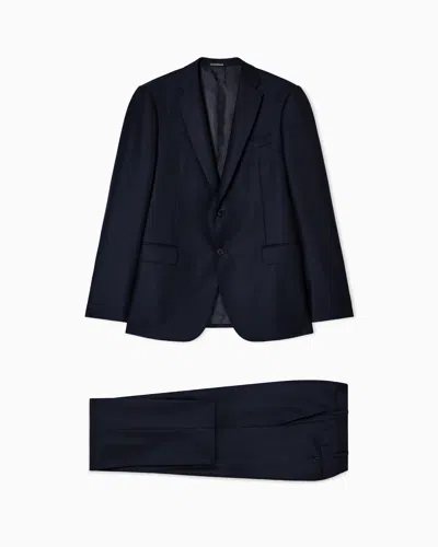Emporio Armani Regular-fit Single-breasted Suit In Stippled Micro-chevron Virgin Wool In Blue