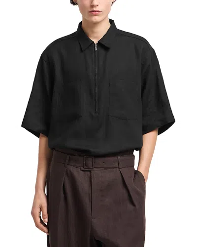 Emporio Armani Regular Fit Zip Linen Polo Shirt In Black