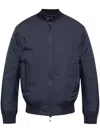 Emporio Armani Reversible Down Jacket With A Bomber Jacket Collar In Jacquard Nylon With All-over Lettering In Blue
