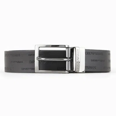 Emporio Armani Reversible Leather Belt With All-over Embossed Lettering In Gray