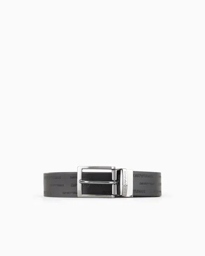 Emporio Armani Reversible Leather Belt With All-over Embossed Lettering In Gray