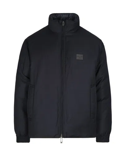 EMPORIO ARMANI REVERSIBLE NAVY WOOL-BLEND JACKET WITH HIGH COLLAR AND LOGO PATCH