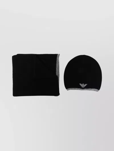 Emporio Armani Ribbed Knit Scarf And Beanie Set In Black