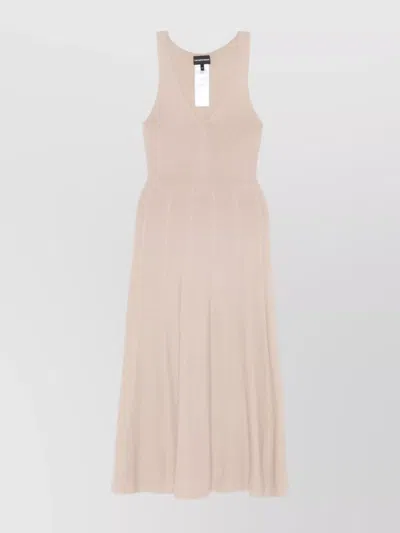 Emporio Armani Ribbed Texture Scoop Neckline Midi Dress In Beige