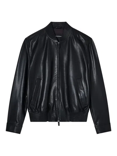 EMPORIO ARMANI RIBBED-TRIM LEATHER JACKET
