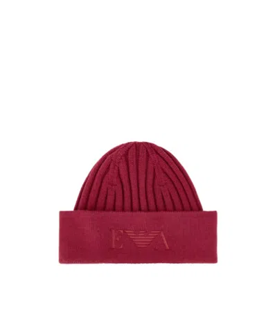 Emporio Armani Ribbed Virgin Wool Beanie With A Folded Cuff And Embroidery In Red