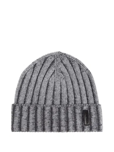 Emporio Armani Ribbed Wool Beanie In Gray