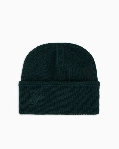 Emporio Armani Ribbed Wool Beanie With Ea Signature Embroidery In Green