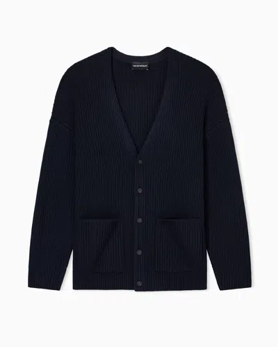 Emporio Armani Ribbed Wool-blend V-neck Cardigan In Blue