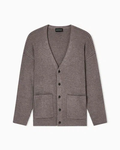Emporio Armani Ribbed Wool-blend V-neck Cardigan In Brown