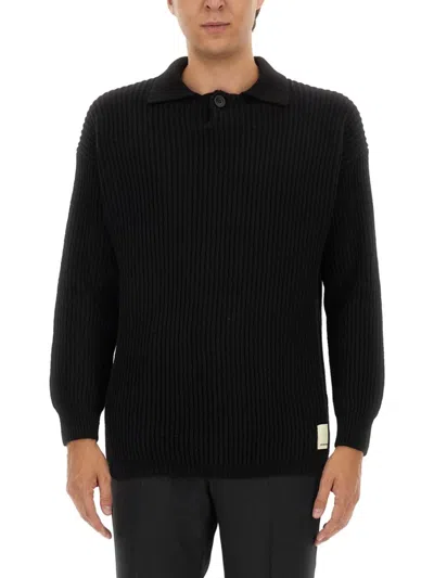 Emporio Armani Ribbed Wool Jersey With Classic Collar In Black