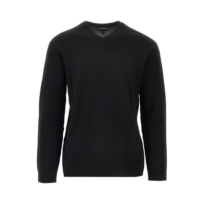Emporio Armani Ribbed Wool V-neck Sweater In Black