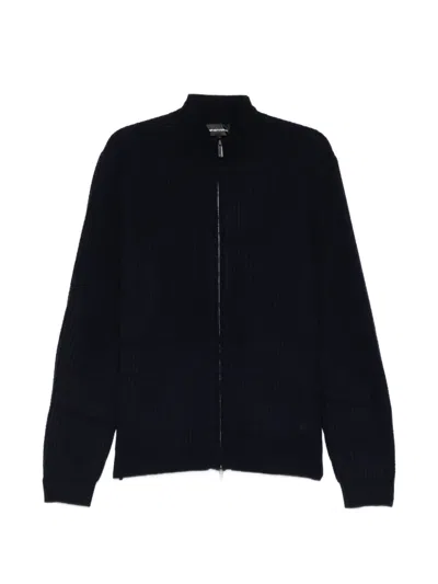 Emporio Armani Ribbed Zip-up Cardigan In 블루