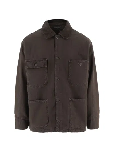 Emporio Armani Cotton Casual Jacket With Ribbed Collar And Button Fastening In Burgundy