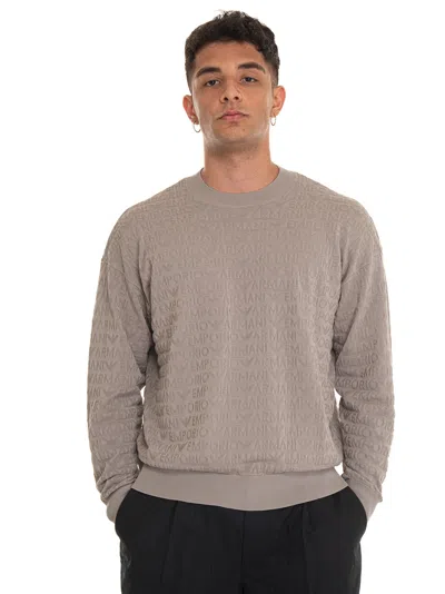 Emporio Armani Logo-jacquard Cotton Jumper In Greige