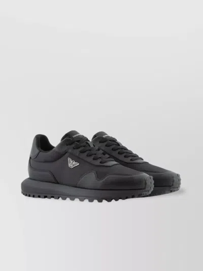 Emporio Armani Round Toe Padded Collar Rubber Sole Sneakers In Black