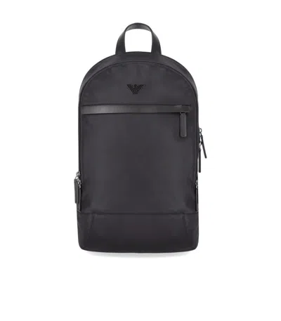 Emporio Armani Rounded Black Nylon Backpack With Leather Accents