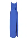 EMPORIO ARMANI NAVY BLUE V-NECK CREPE MIDI DRESS WITH KNOT DETAILING AND FRONT SLIT