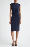 Emporio Armani Ruched Sheath Dress In Solid Blue Navy
